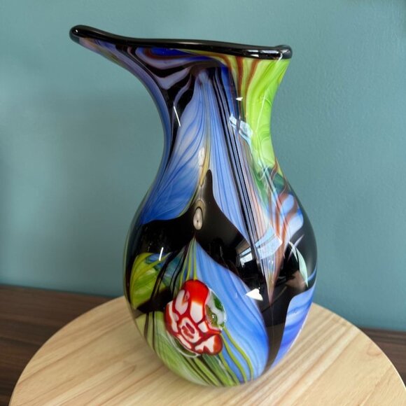 Hand Blown Abstract Teardrop Art Glass Vase with Angled Lip 13" Tall Floral Heav - Picture 1 of 9